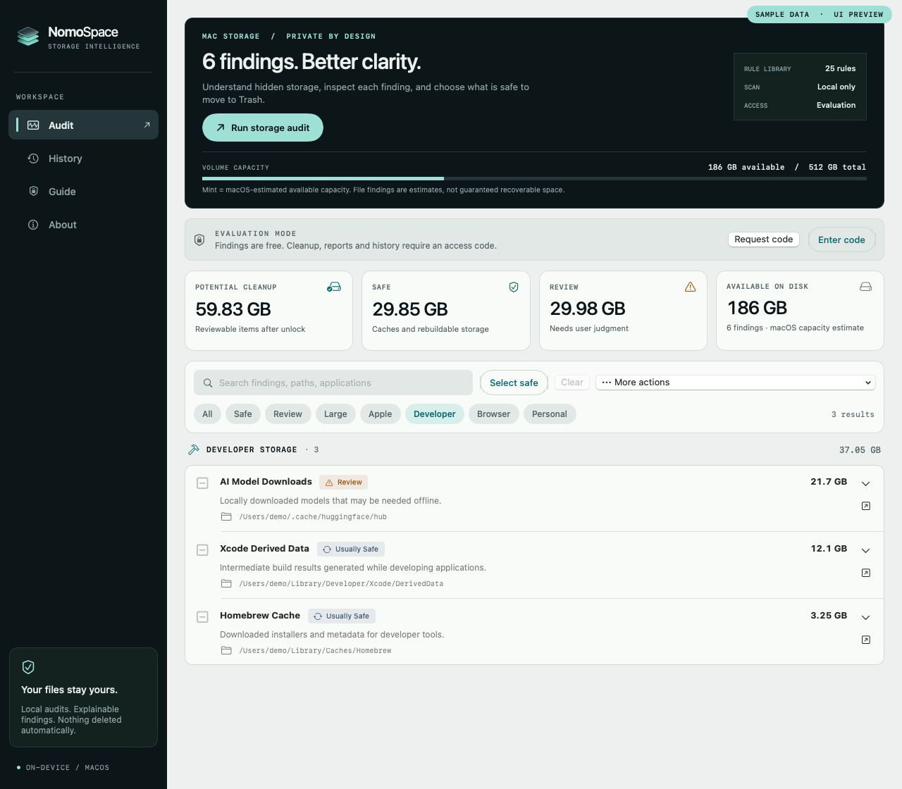 NomoSpace 0.2 beta native Mac dashboard with sample storage findings and capacity metrics