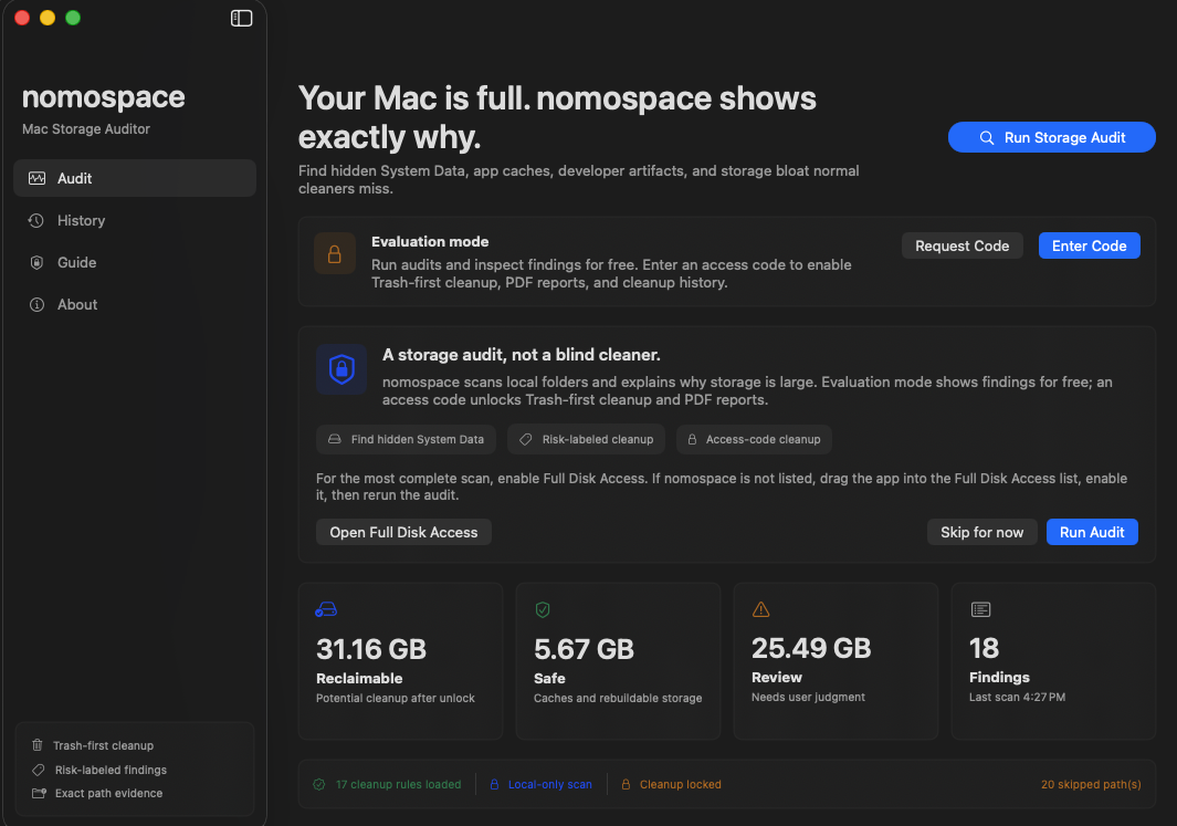 nomospace evaluation mode showing storage findings, reclaimable space, and locked cleanup actions
