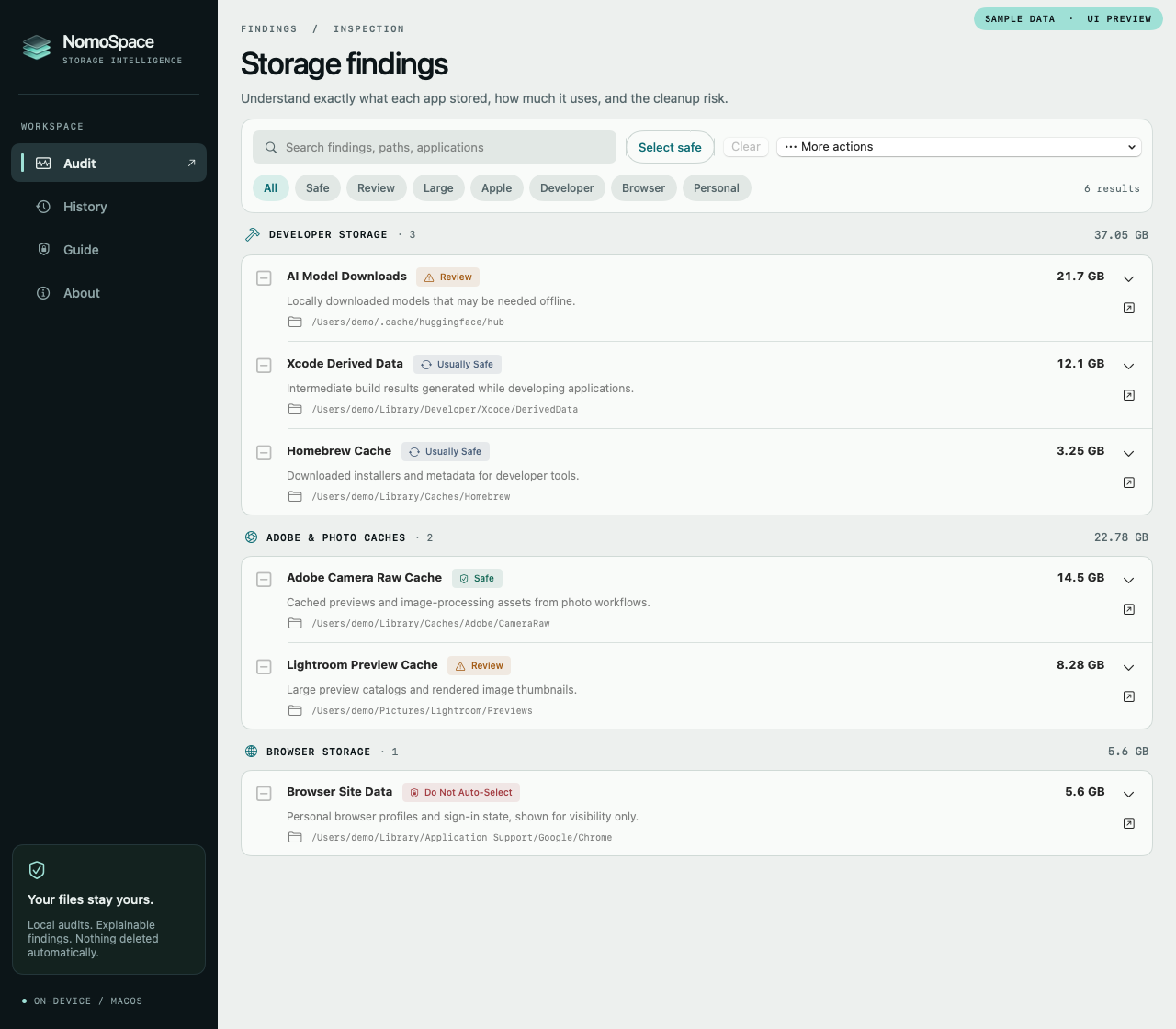 NomoSpace storage findings categorized by developer, photo and browser storage with risk labels; sample data