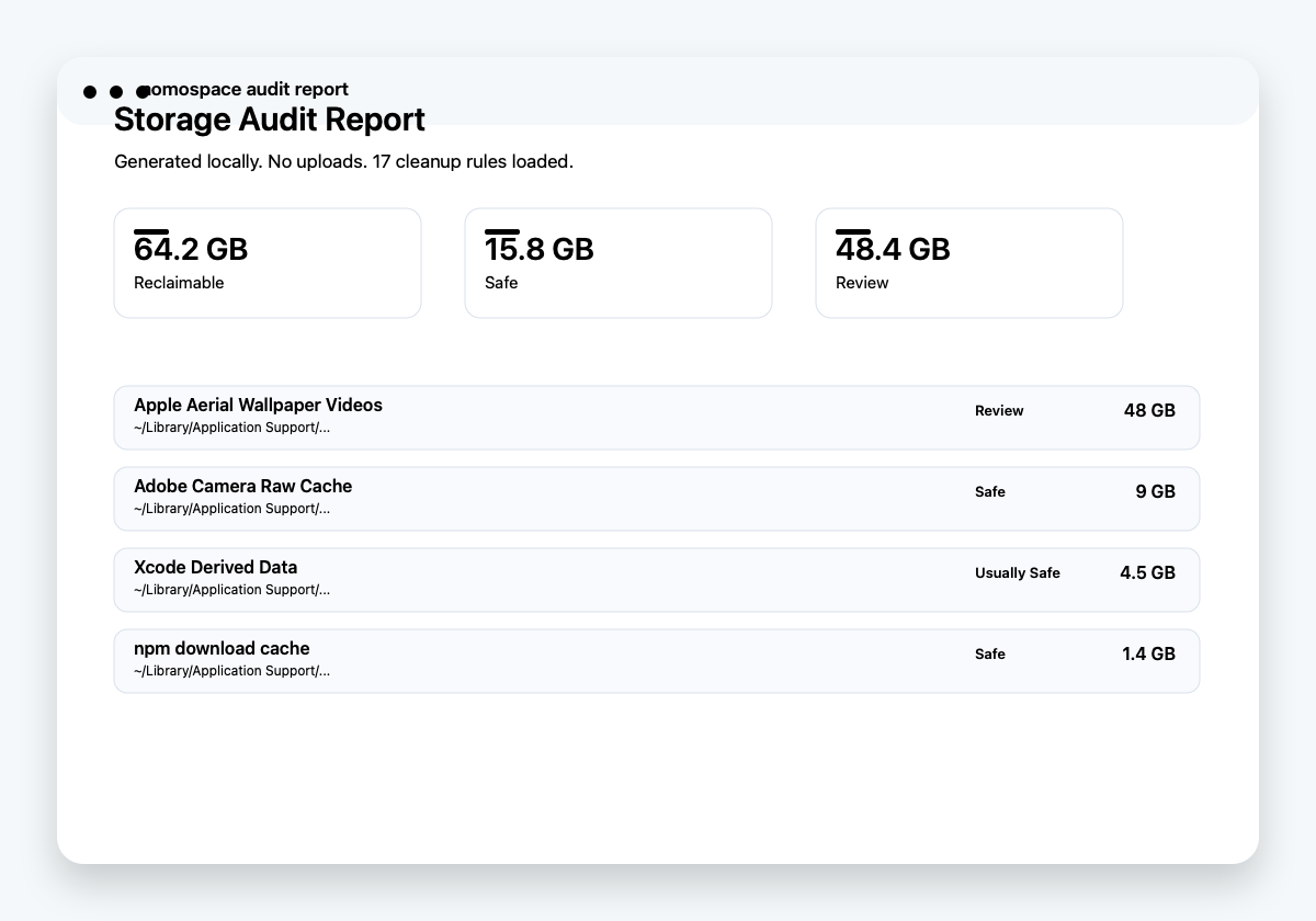 nomospace audit report preview showing reclaimable storage, risk labels, and hidden storage findings
